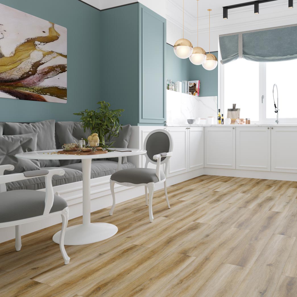 Terra Floors Westridge Denali Sands 6.5mm 20mil EIR Painted Bevel SPC Vinyl Plank Room Scene